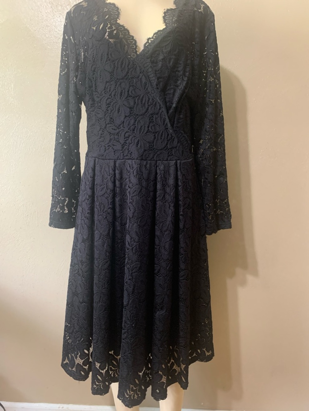 Miss May Fashions XL Long Sleeve Black Lace Fit-and-Flare Dress Lined, NWT